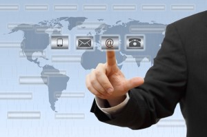 Businessman pressing virtual ( mail,phone,email ) buttons. suppo